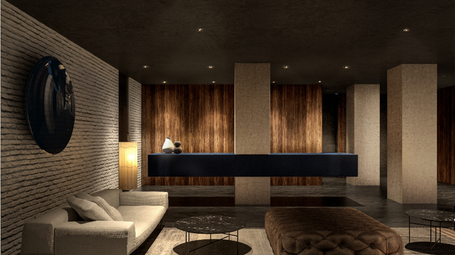 Hotel AKA NoMad furnished apartment lobby with modern furnishings and dim lighting