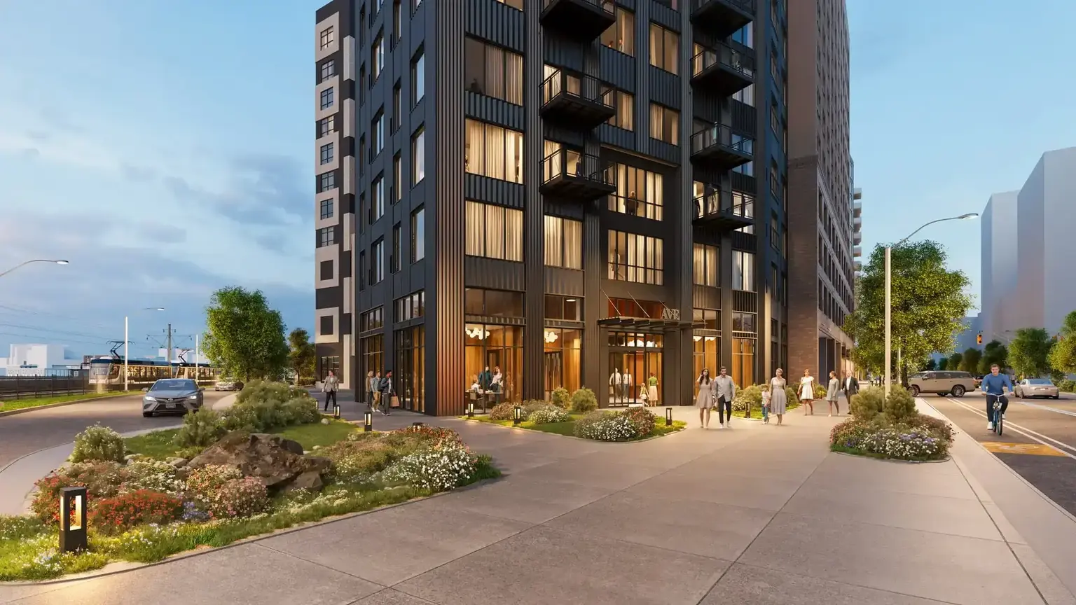 Rendering of the AVE Station House entrance and surrounding streetscape in Denver