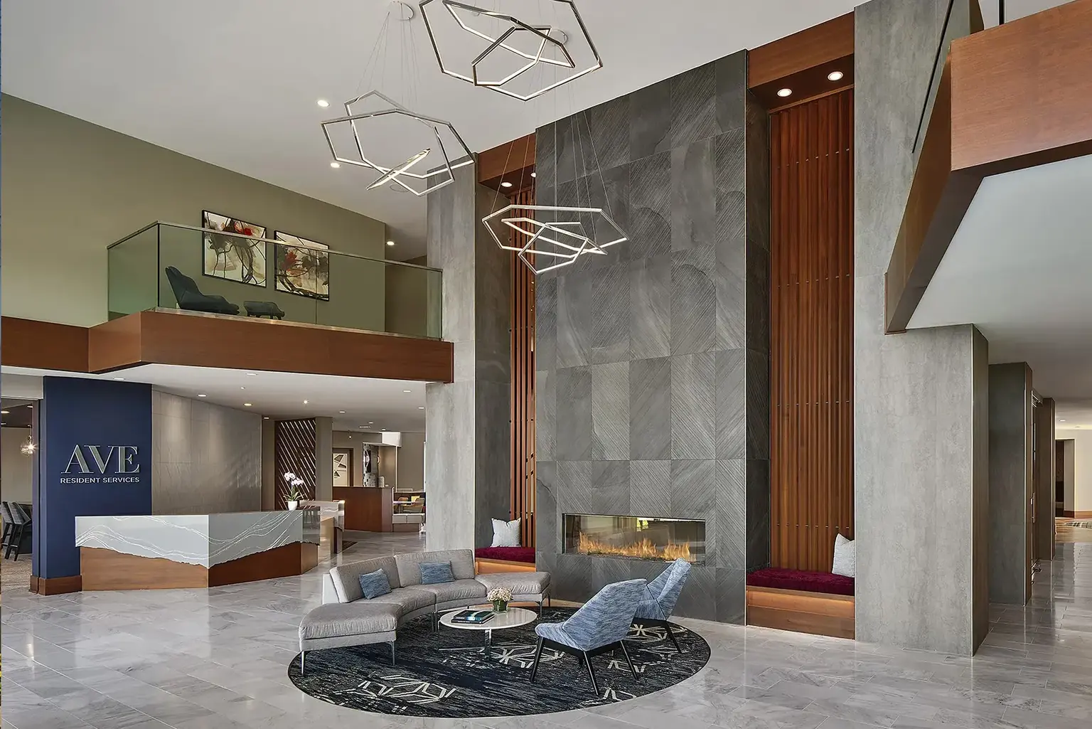 AVE Blue Bell Lobby with reception desk and striking lighting