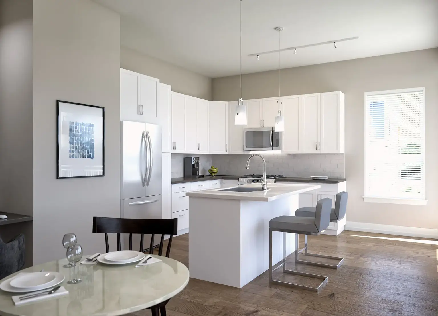 AVE Blue Bell apartment kitchen with granite countertops, island, and stainless-steel appliances