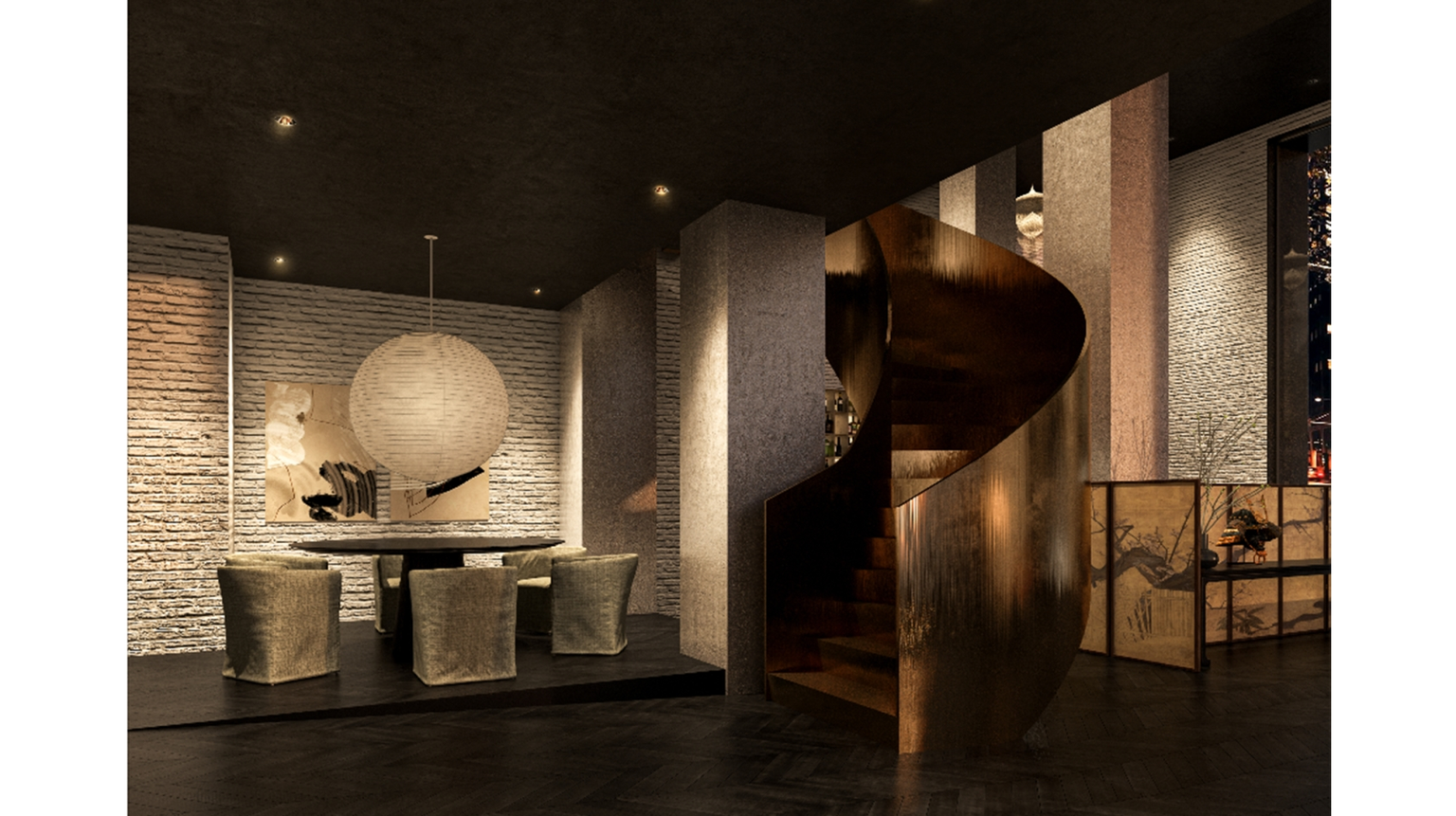 Hotel AKA NoMad furnished apartment interior with a modern circular stairway and cozy seating area