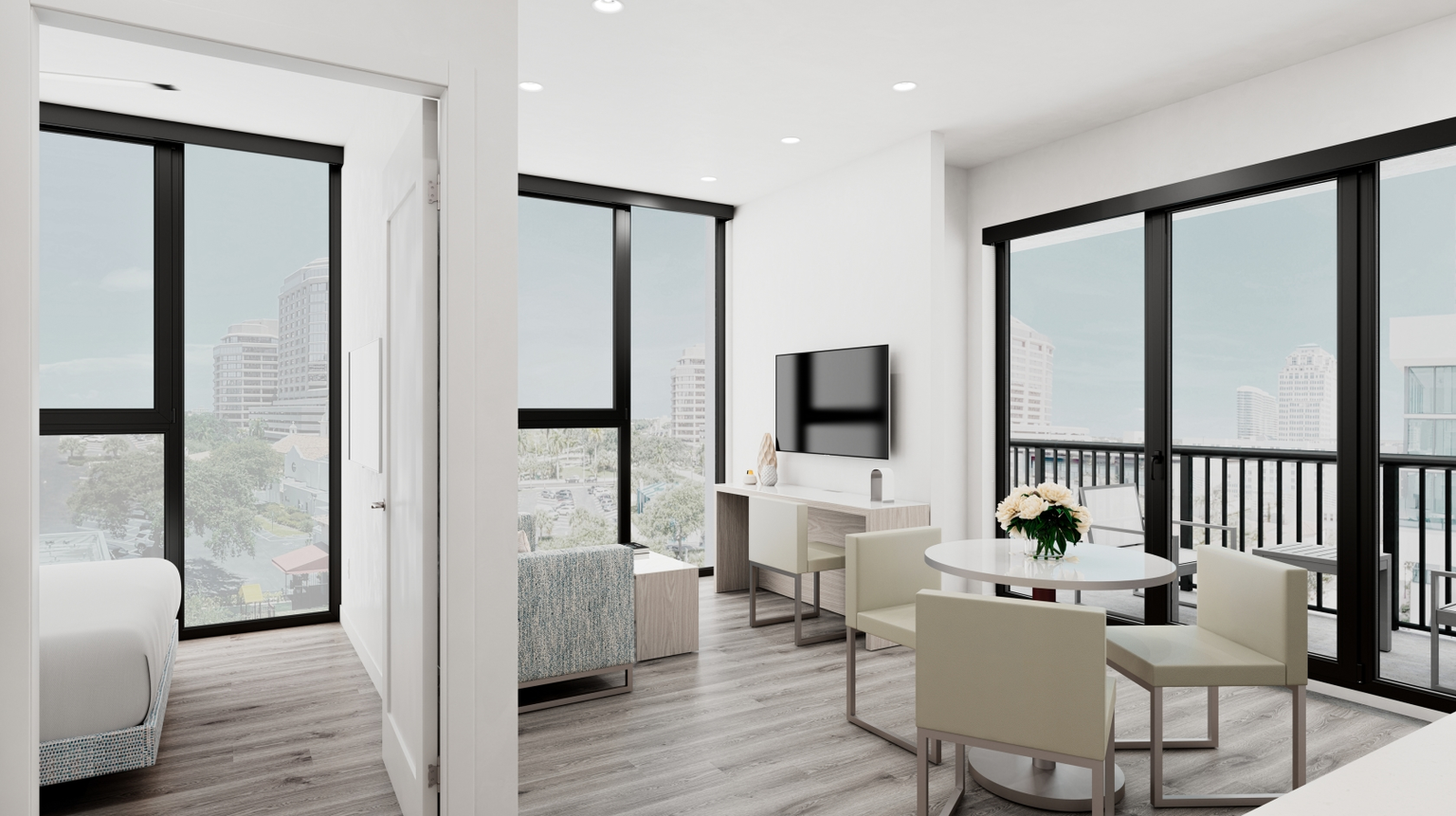 AKA West Palm apartment living room with light furnishings with panoramic windows