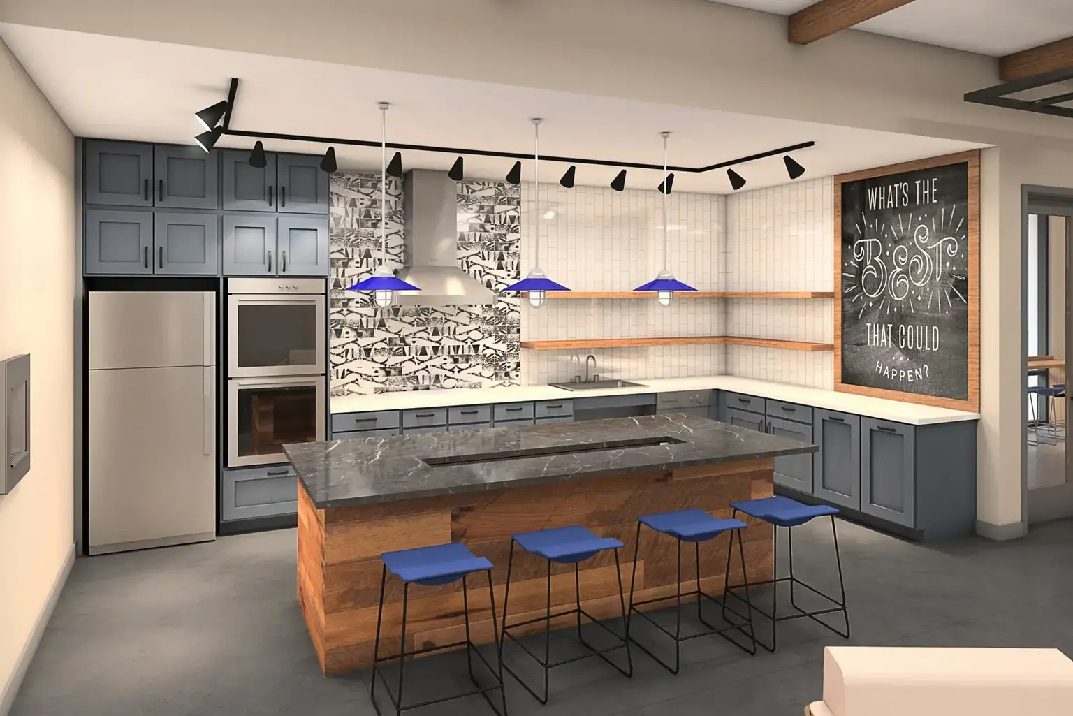 AVE Navy Yard Private Party Kitchen with large island in the middle of the room with bar stools and appliances