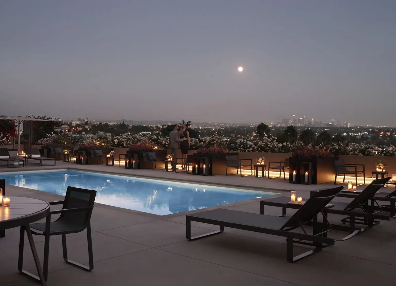 AKA West Hollywood rooftop lounge with pool and bar with city views of Los Angeles 