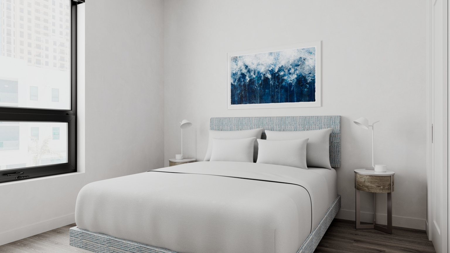 AKA West Palm apartment bedroom with large bedroom with white bedding and a large paining above bed